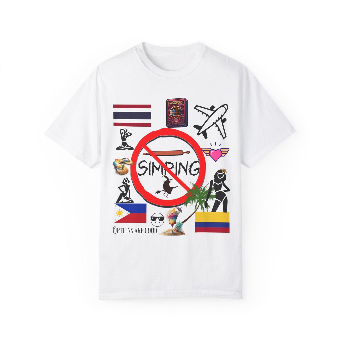Anti symbol with a witch, rolling pin and the word "simping" in it. Outside the anti symbol, the flags of Thailand, Philippines and Colombia, the image of a passsport, an airliner, a winged heart, a drink with an umbrella and a pair of sandals are presented beside the silhoettes of women in bathing suits.