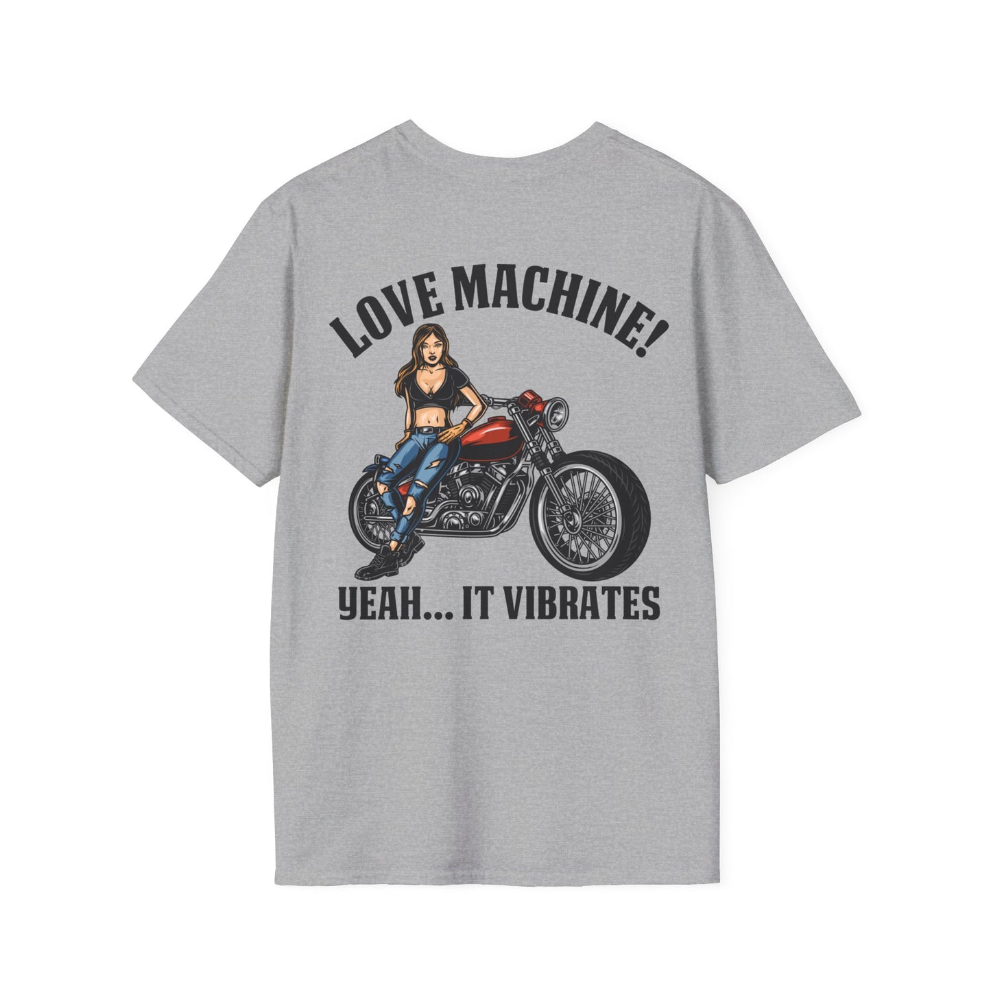 Motorcycle with girl resting on the seat. Text reads, Love Machine , yeah... it vibrates.