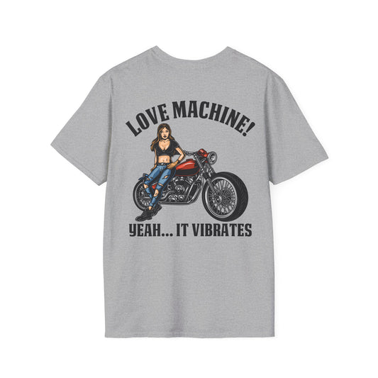 Motorcycle with girl resting on the seat. Text reads, Love Machine , yeah... it vibrates.